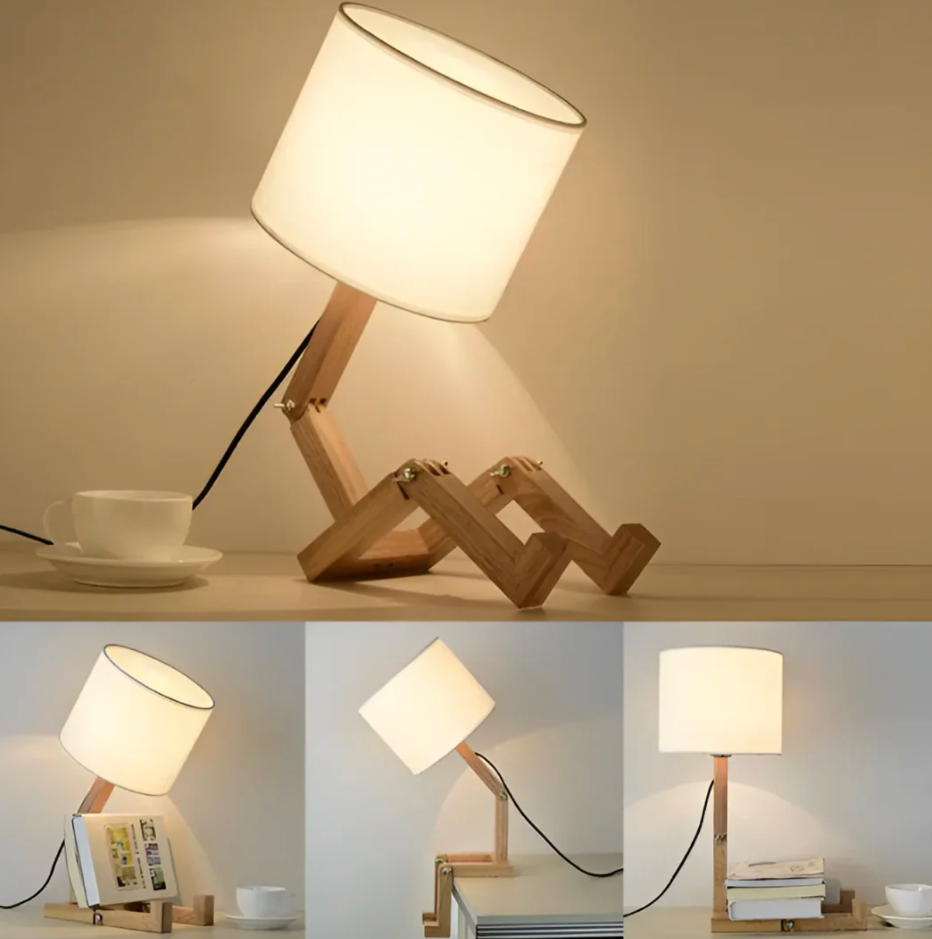 Designerska lampa stołowa drewniana — regulowana, forma "robot" | Norivo Norivo