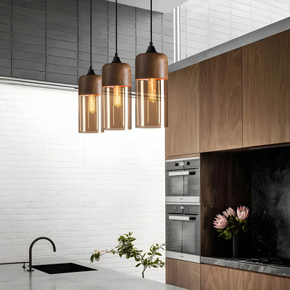 Lampa wisząca FUSIO — drewno i szkło bursztynowe, mix&match | Norivo Norivo