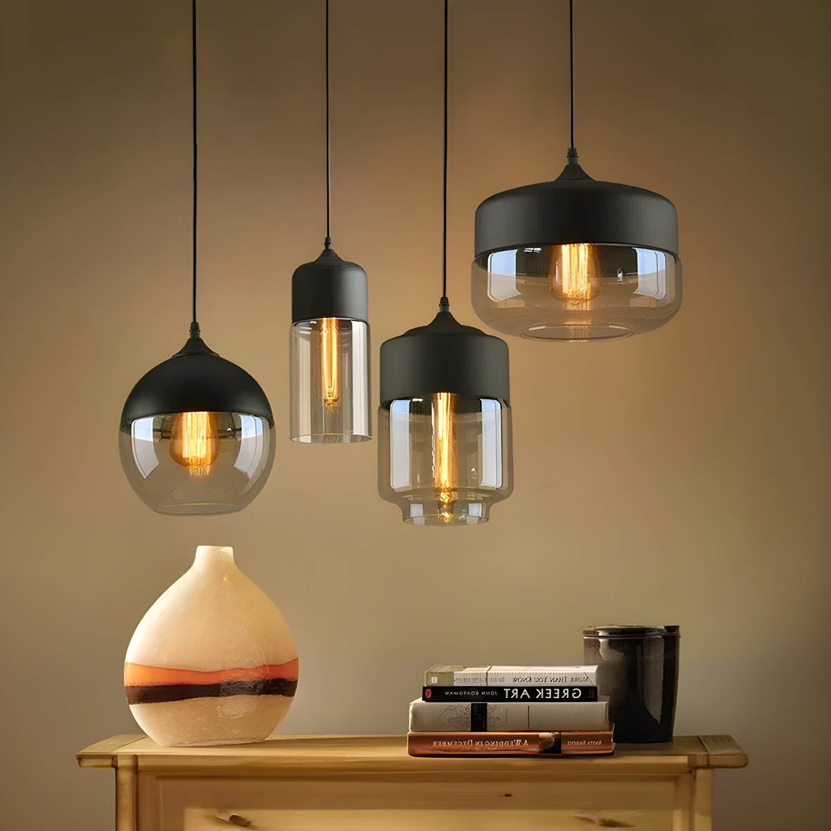 Lampa wisząca FUSIO — drewno i szkło bursztynowe, mix&match | Norivo Norivo