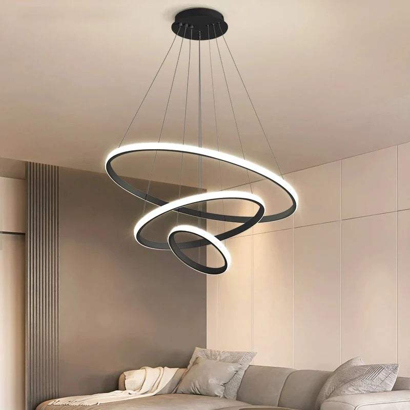 Designerska lampa wisząca LED — żyrandol z formą pierścieni 3D | Norivo Norivo