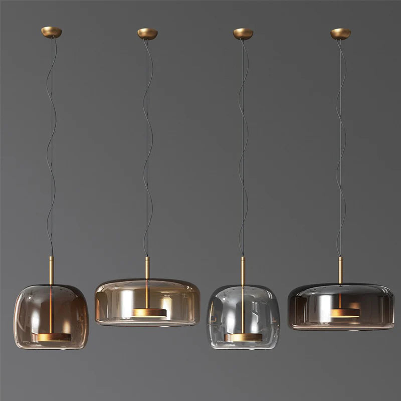 Szklana lampa wisząca LED — minimalistyczny klosz, złote wykończenie | Norivo Norivo